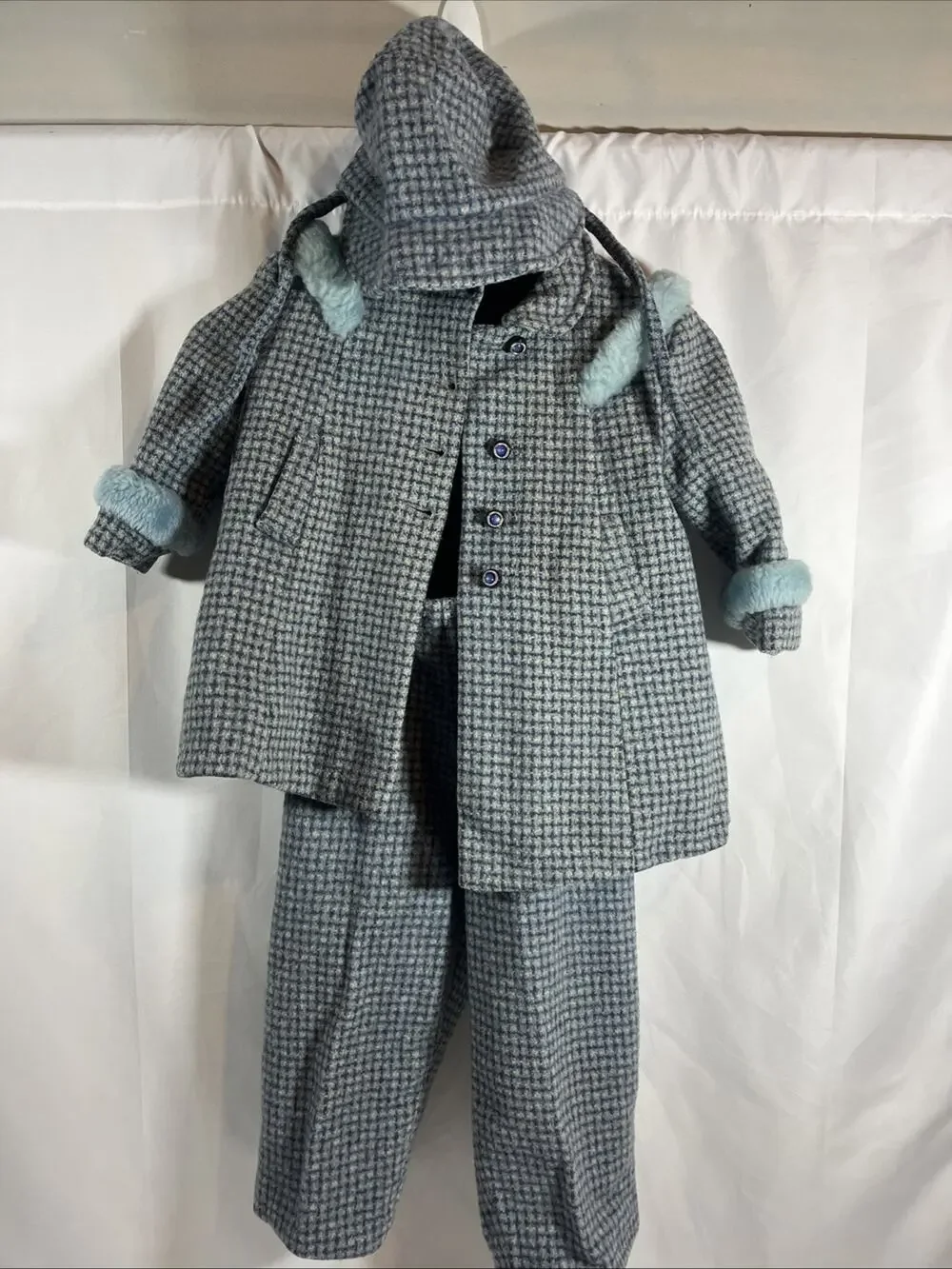 Vintage Blue Wool Child Girls Winter Snow Suit ~ Jacket, Pants, & Hat